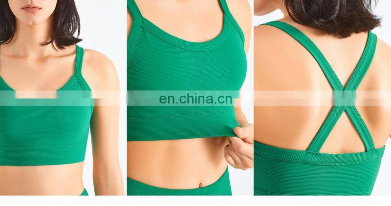 Ribbed Cross Back Custom Recyclable Sports Bras Quick Dry Wide Straps Workout Yoga Tops