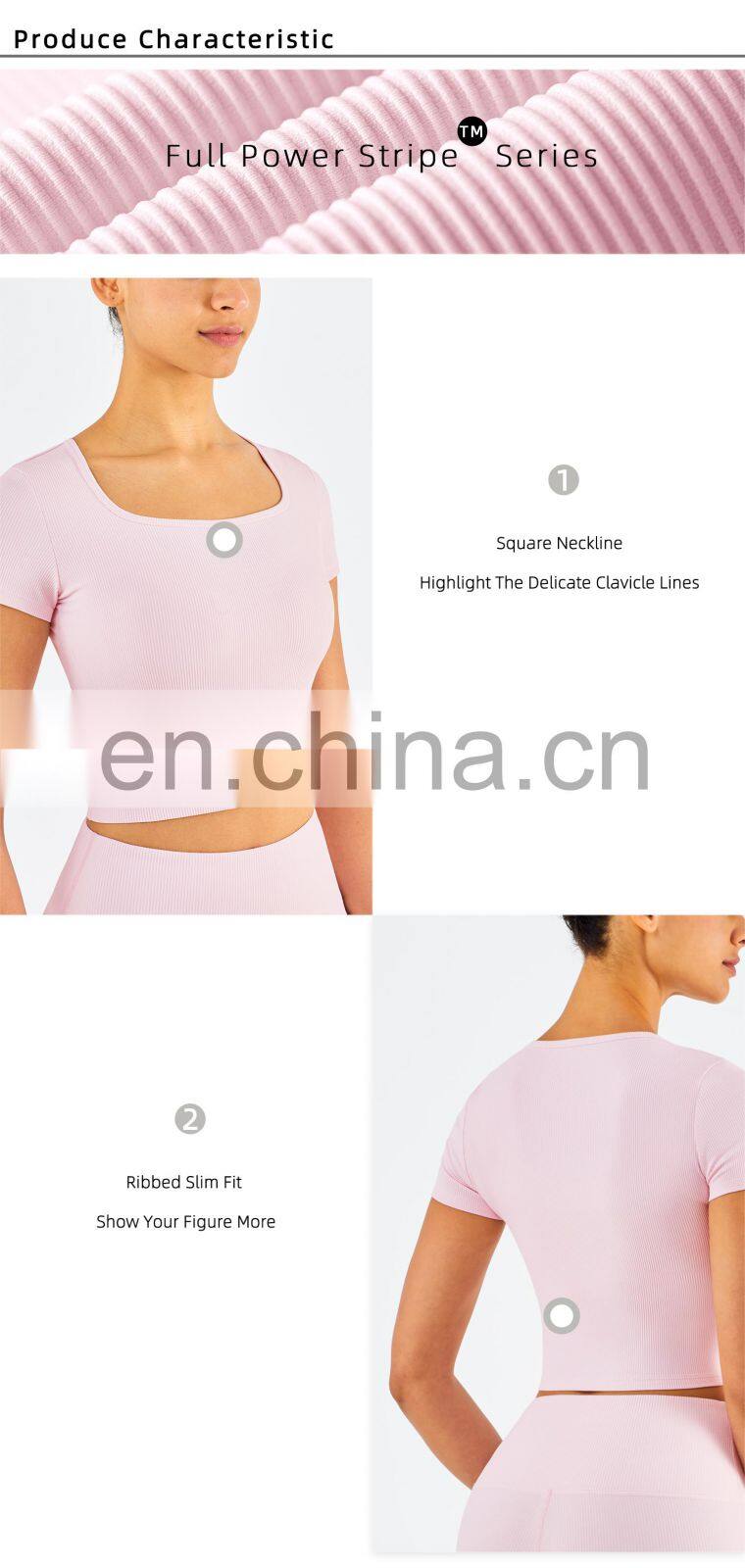 Ribbed Fabric Square Neckline Short Sleeve Gym Tops Slim Fit Plus Size Women's T-Shirts