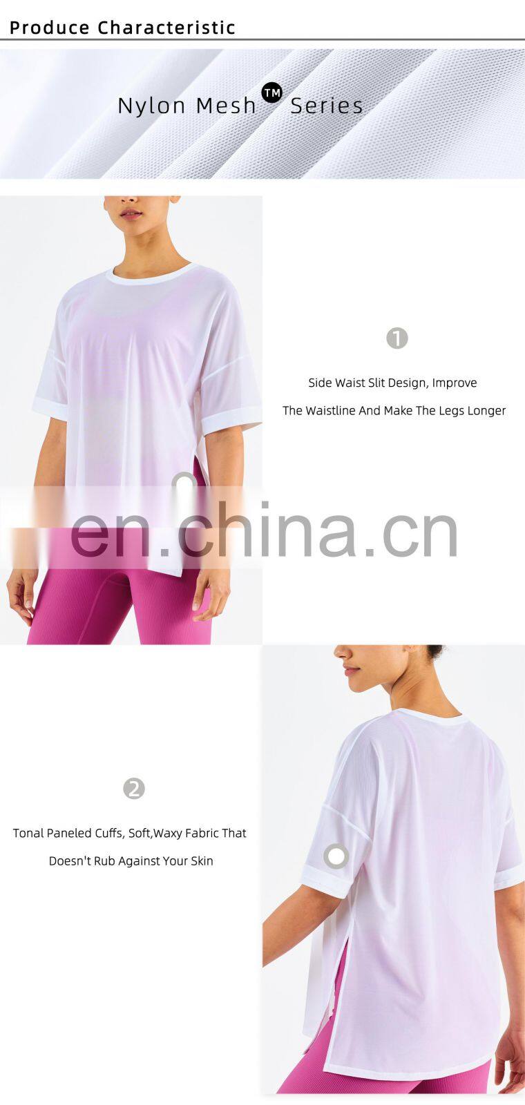 Side Waist Slit Design Mesh Sports Gym T Shirt Fashion Girl Yoga Short Sleeve Eco Fabric