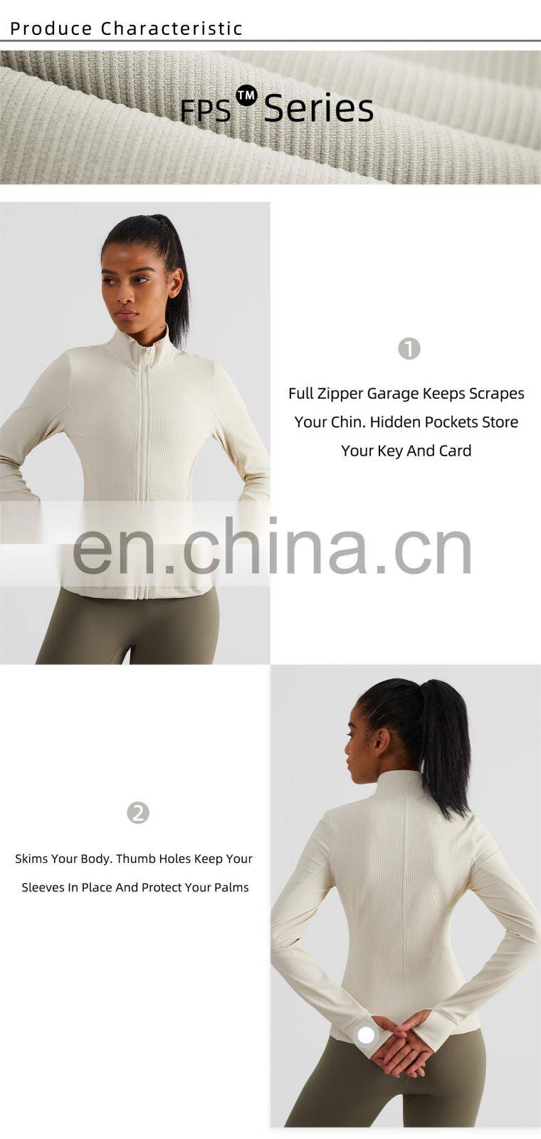 Ribbed Long Sleeve Zipper Tight Tops Workout Clothing Custom Pockets Fitness Yoga Jackets