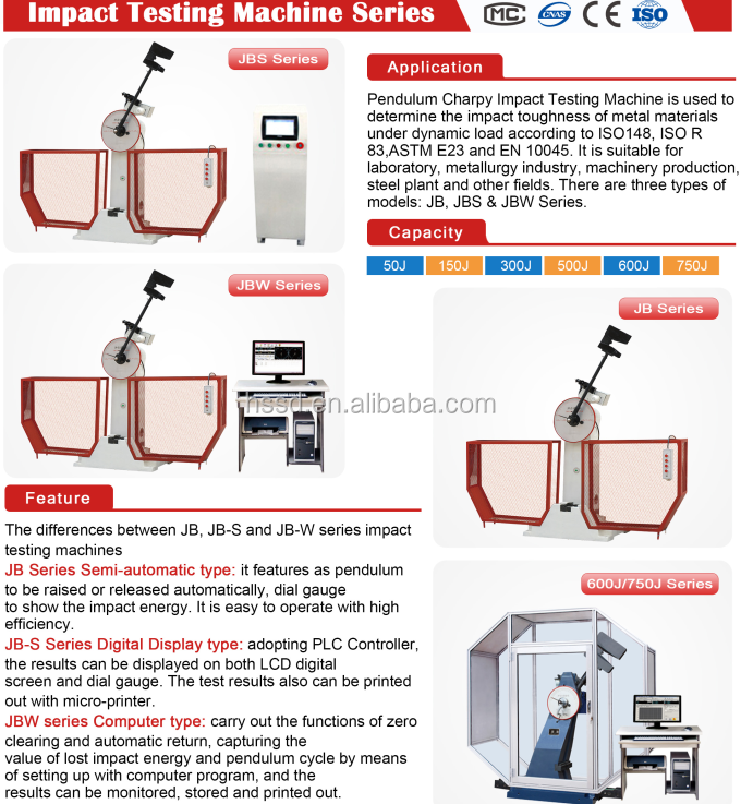 JBS-300B 300J 500J 800JSemi-automatic Charpy Izod Pendulum Digital Display Metal Impact Tester Impact Testing Machine