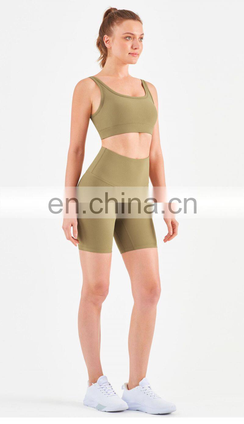 Athletic Ribbed Yoga Fitness Women Square Neckline Sports Bra Biker Shorts Set Gym
