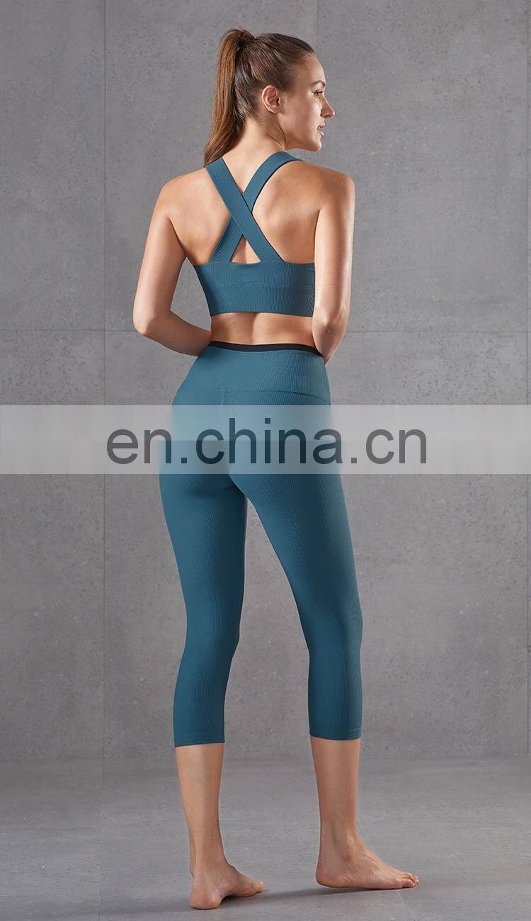 Hot Ribber Fabric Capri Sport Legging High Waist Women Yoga Pants Splice Color OEM