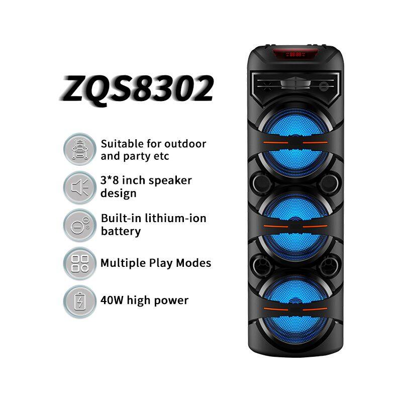ZQS8302 Karaoke subwoofer 40W power 8*3 inch speaker wireless with mic loudspeaker for outdoor