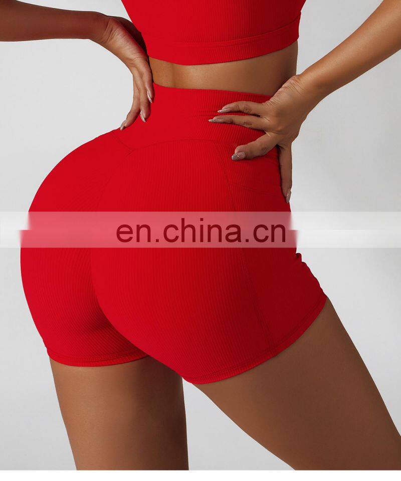 OEM Cross Waist Gym Shorts With Side Pocket Ribbed High Waist Athletic Wear