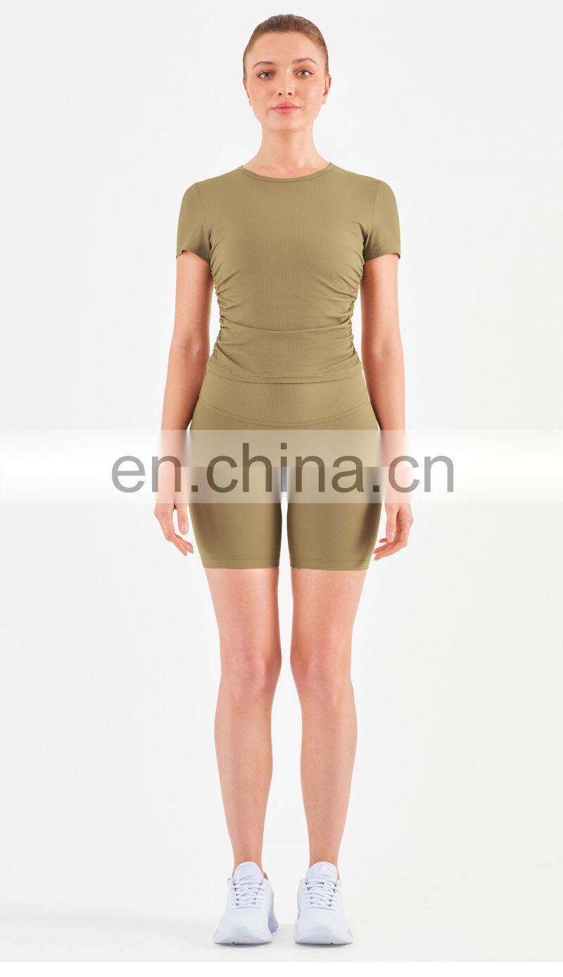 Women Ribbed Short Sleeve Slim Fit T-Shirt And Short Yoga Set Sport Fitness Suit