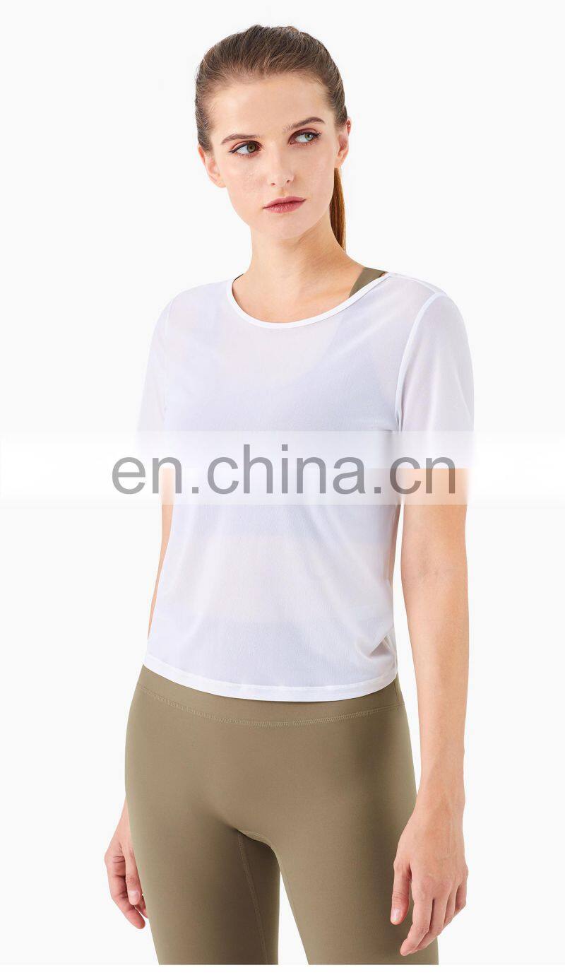 Spring Mesh Blouse Sports T Shirt Women Workout Crop Yoga Top With Reversible