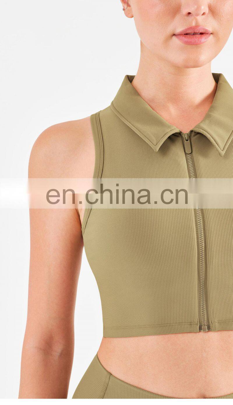Designer Polo Ribbed Sports Bra With Front Zipper Gym Fitness Women Yoga Tank Tops