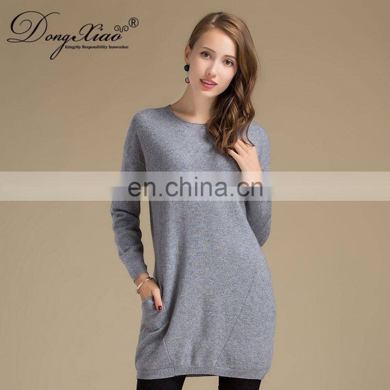 Hot Sale 100% Cashmere Pullover Sweater Women Vintage Style O-Neck Knit Top Pockets Long Length Winter OEM Service Available