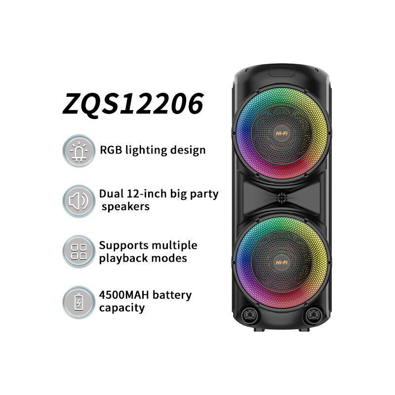ZQS12206 super power 80W wireless 12-inch*2 active professional party speaker with colorful lights