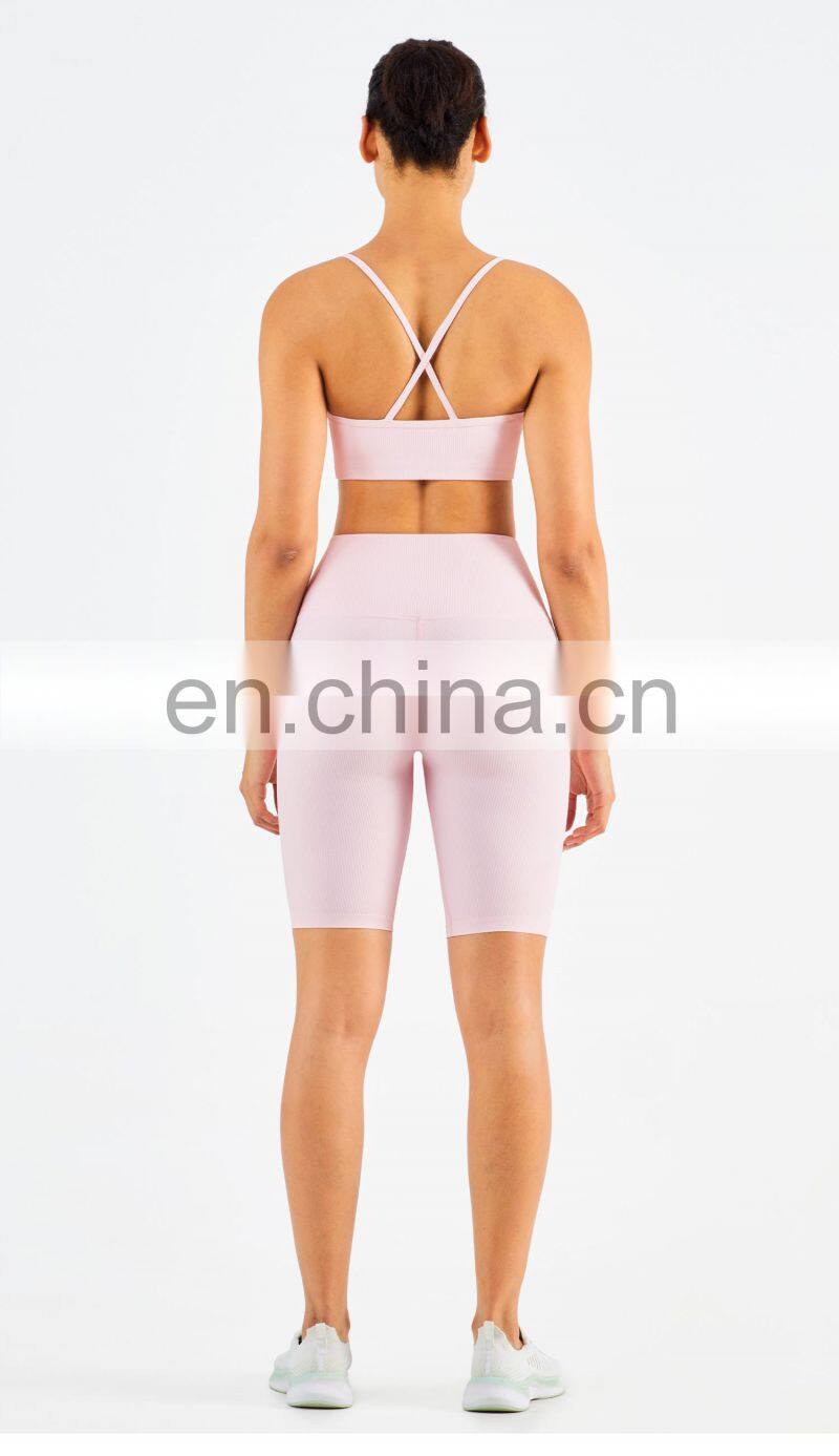 Ribbed Seamless Yoga Short Set Women Summer Activewear Sports Fitness Gym Yoga Bra Cross Back