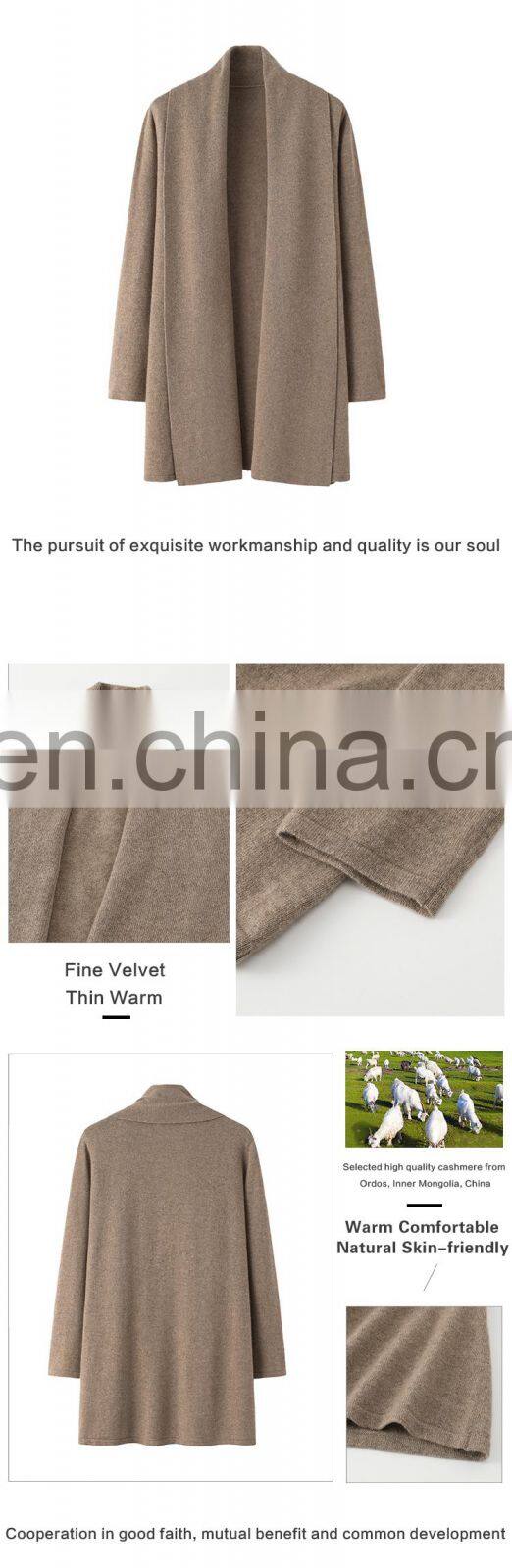 High Quality 100% Cashmere Knitted Cardigan with Autumn Winter Scarf Collar Solid Style Casual Front Logo Long Length