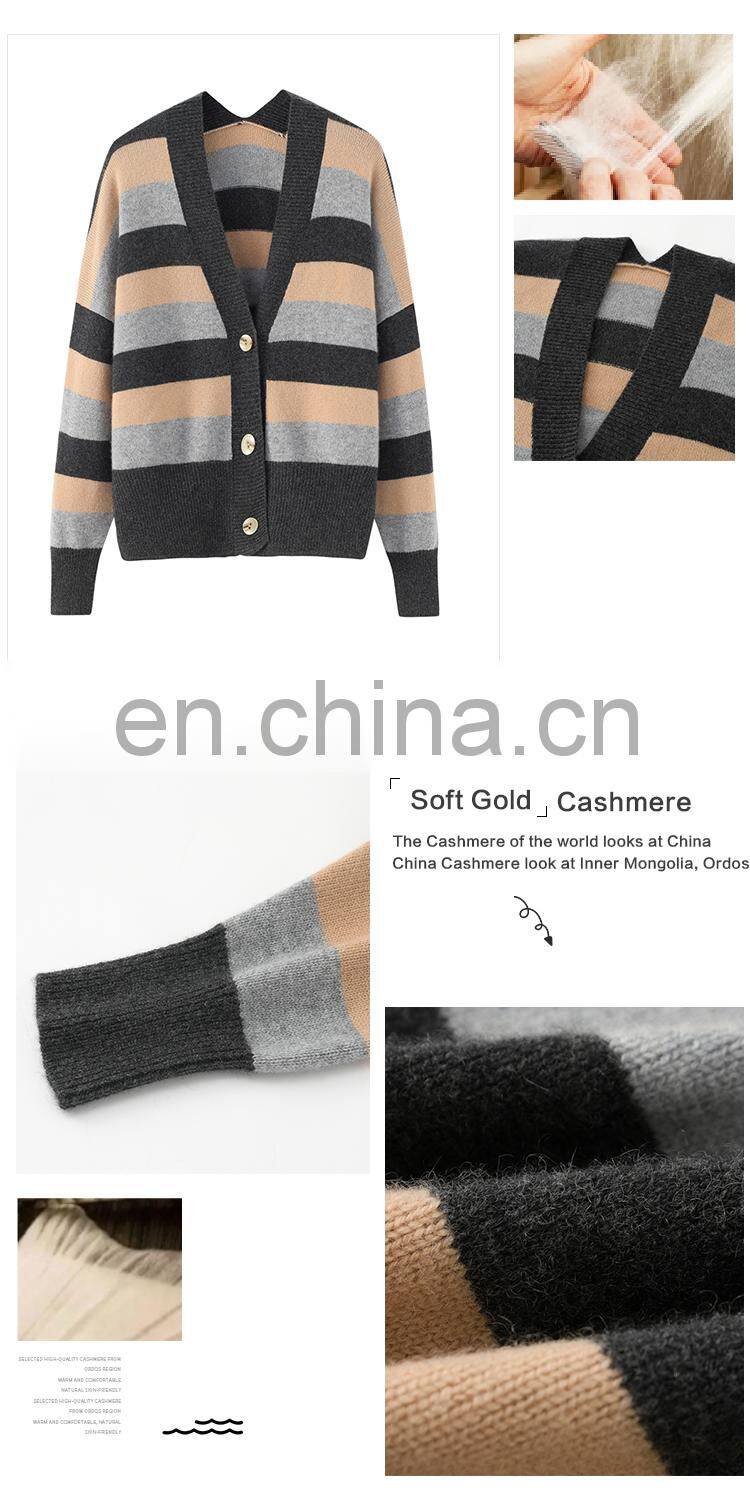 New Arrival Women's Thick V Neck Cashmere Sweater Cardigan Casual Striped Design Button Decoration Autumn-OEM Service Available