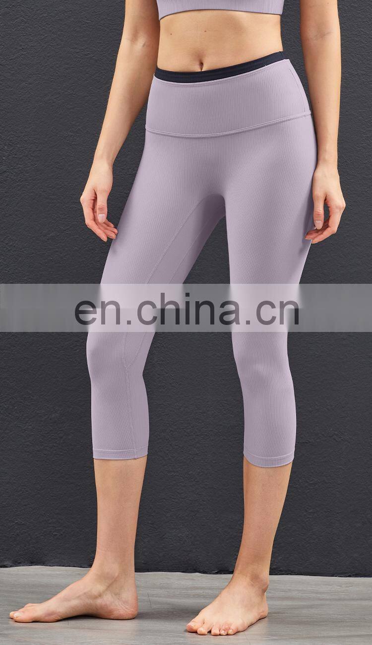 Hot Ribber Fabric Capri Sport Legging High Waist Women Yoga Pants Splice Color OEM