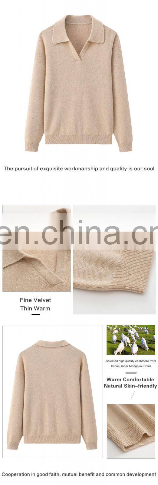 Luxury British Style Custom 100% Pure Cashmere Women's Casual Polo Neck Sweater Knitted Winter Solid Pattern with Front Logo