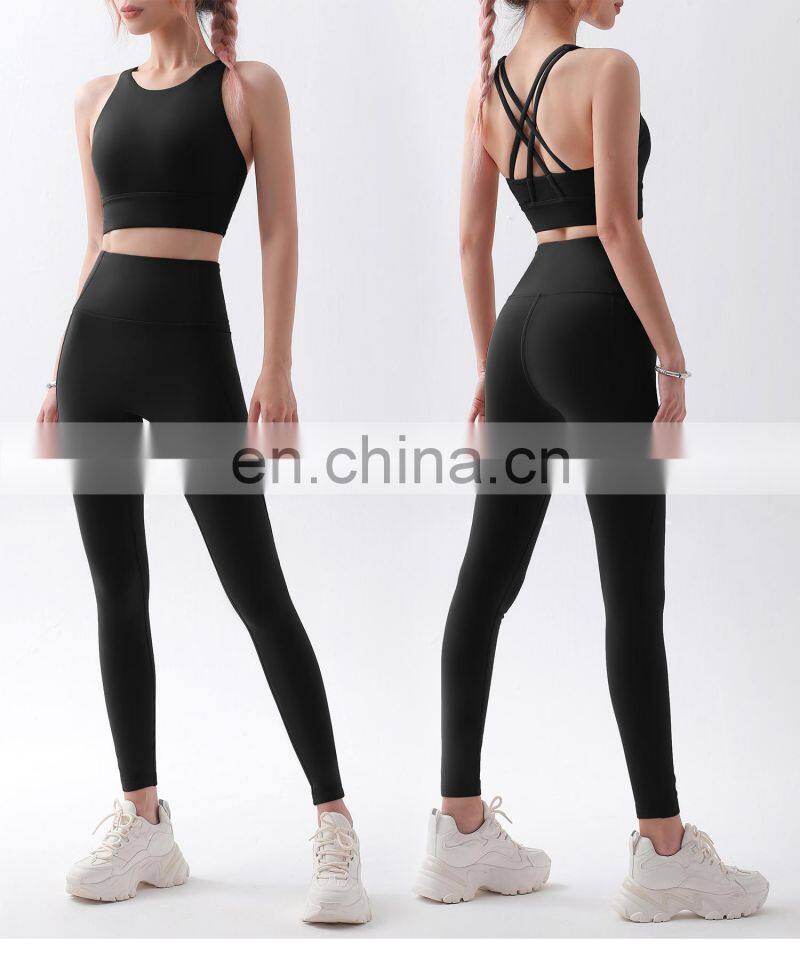 2 Pcs Fleece Yoga Sets Backless Sport Bra Gym High Waist Leggings For Women