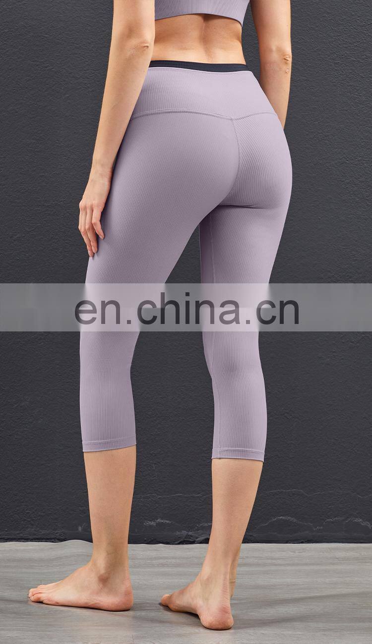 Hot Ribber Fabric Capri Sport Legging High Waist Women Yoga Pants Splice Color OEM