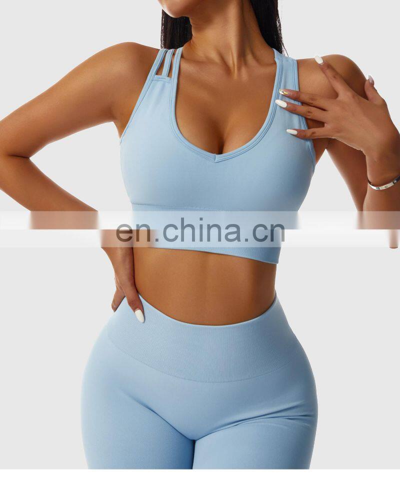 Custom Women Cross Back Push Up Sports Bras Fitness U Neck Hollow Crop Yoga Tops