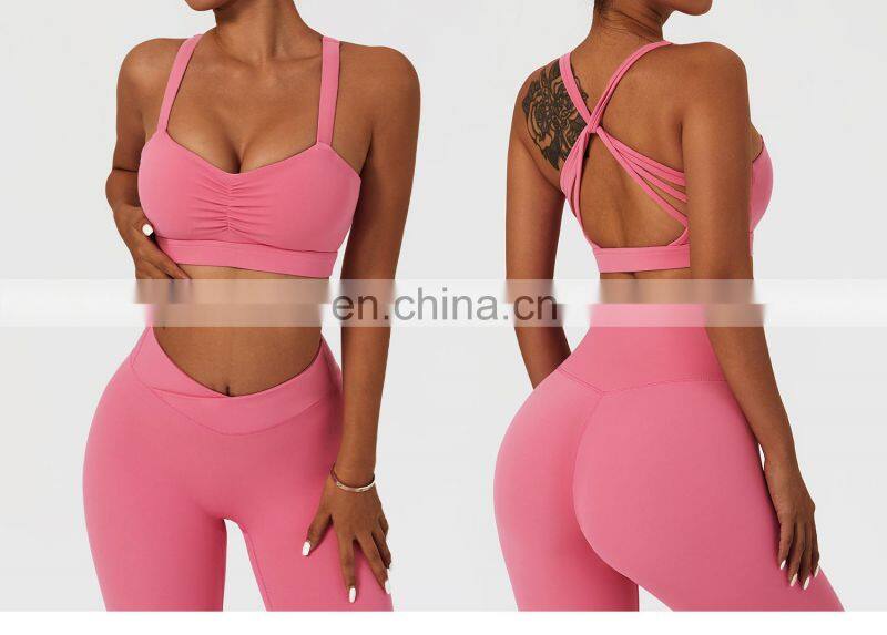 Womens Front Fold Sports Workout Bras Wholesale Gym High Impact Yoga Cross Back Crop Tops