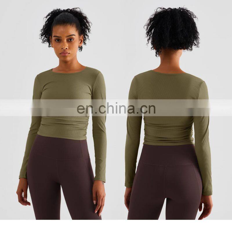Ribbed Side Folding Yoga Tight Tshirts Factory Sale Women Long Sleeve Outdoor Sports Tops