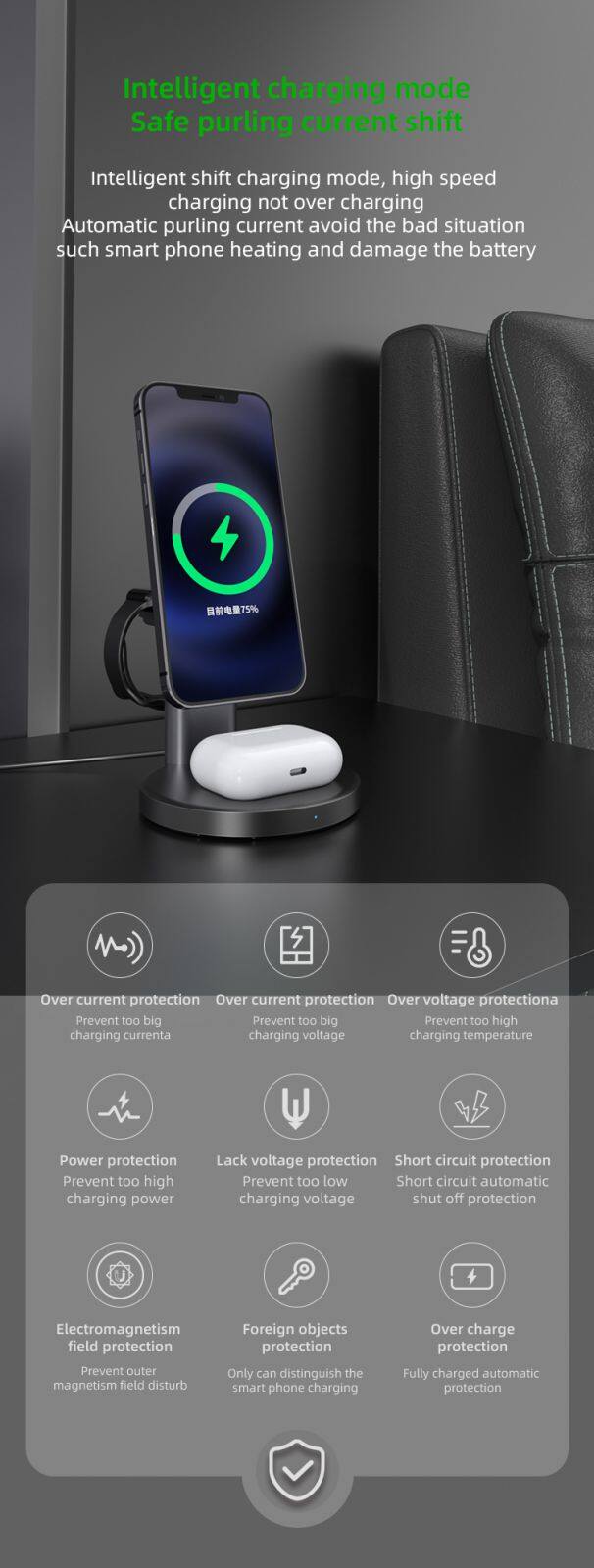 Magnetic 3in1 High-Capacity Wireless Charger with Type-C for Mobile Phones Earphones & Smart Watches Stand & Holder Features