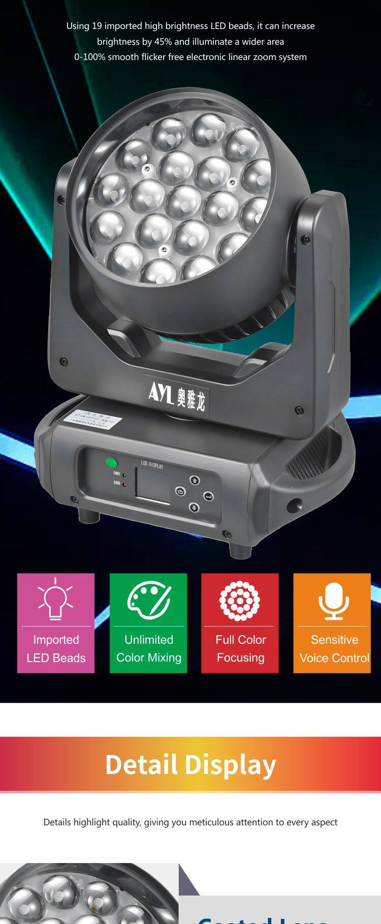 RS19 19x15W Eye B-eye Zoom Wash Beam Focusing DMX Pixel Control 4in1 RGBW LED Zoom Moving Head Wash Lights