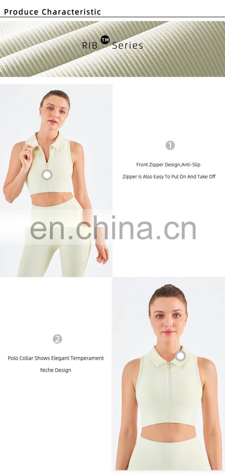 Designer Polo Ribbed Sports Bra With Front Zipper Gym Fitness Women Yoga Tank Tops