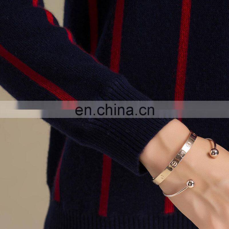 100% Cashmere Vertical Striped round Neck Women's Sweater Knitted Winter OEM Supply