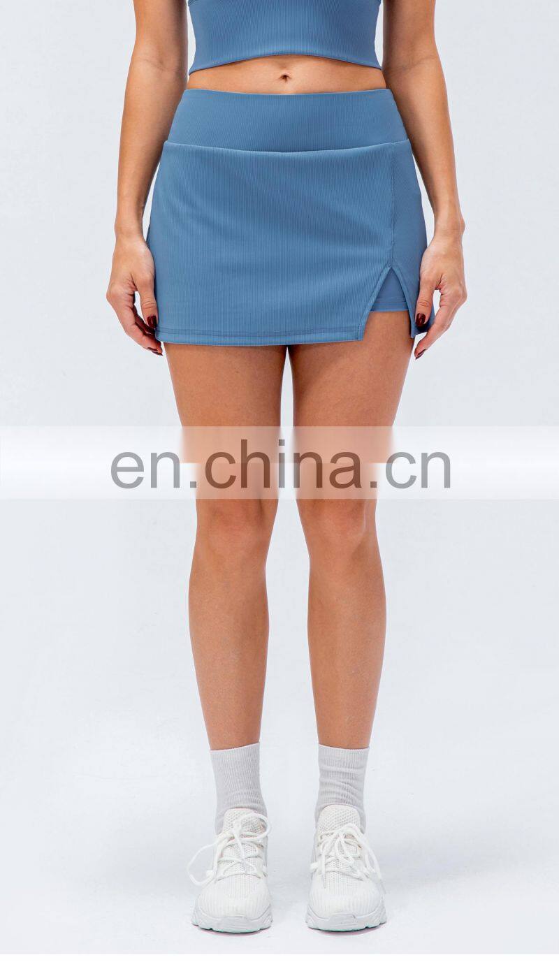 New Rib Two Piece Anti-Glare High Waist Sports Women Fitness Golf Tennis Skirts With Pockets