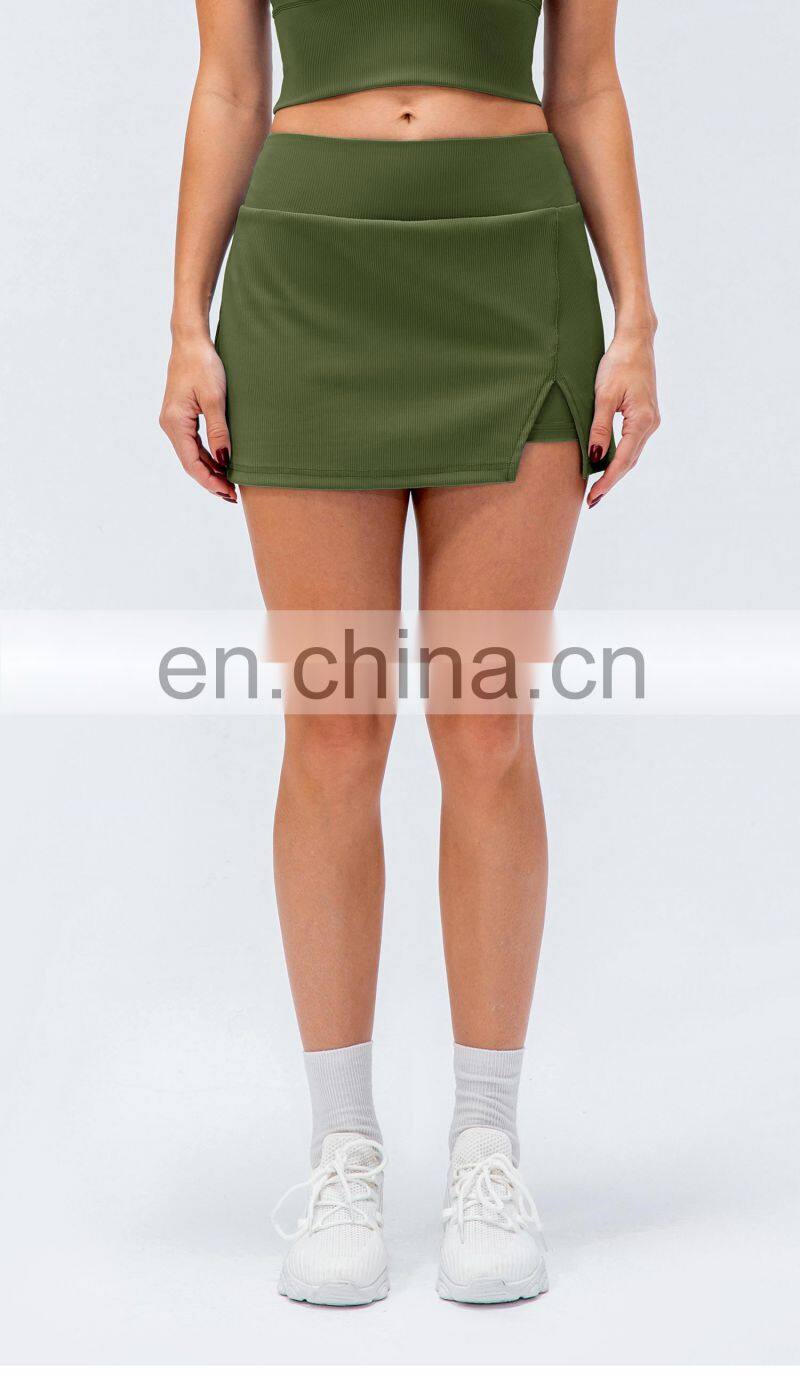 New Rib Two Piece Anti-Glare High Waist Sports Women Fitness Golf Tennis Skirts With Pockets