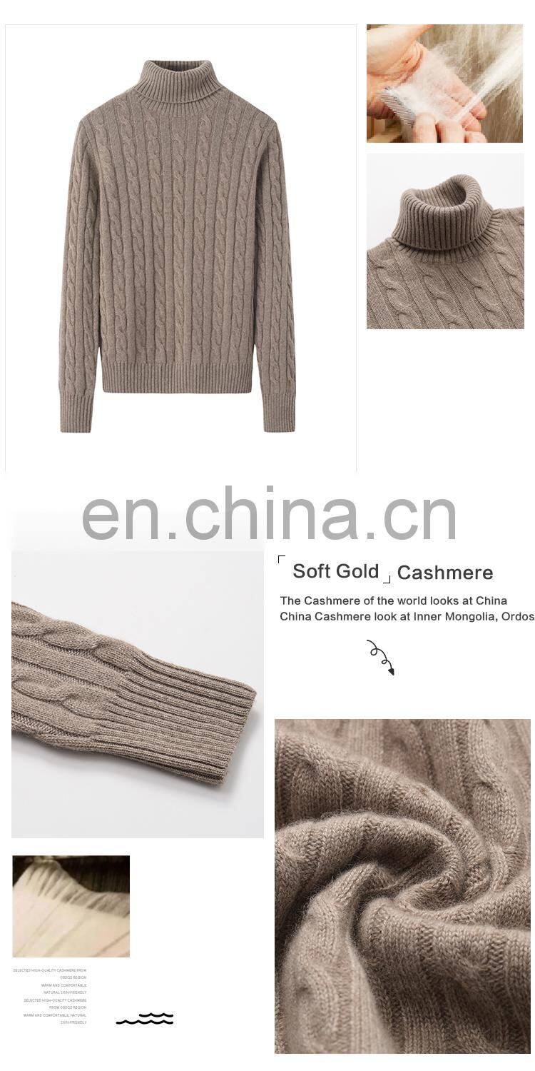 Trending 100% Pure Cashmere Sweater High Quality Cable Knit Solid Color Turtleneck Collar Casual Style with Front Logo Winter