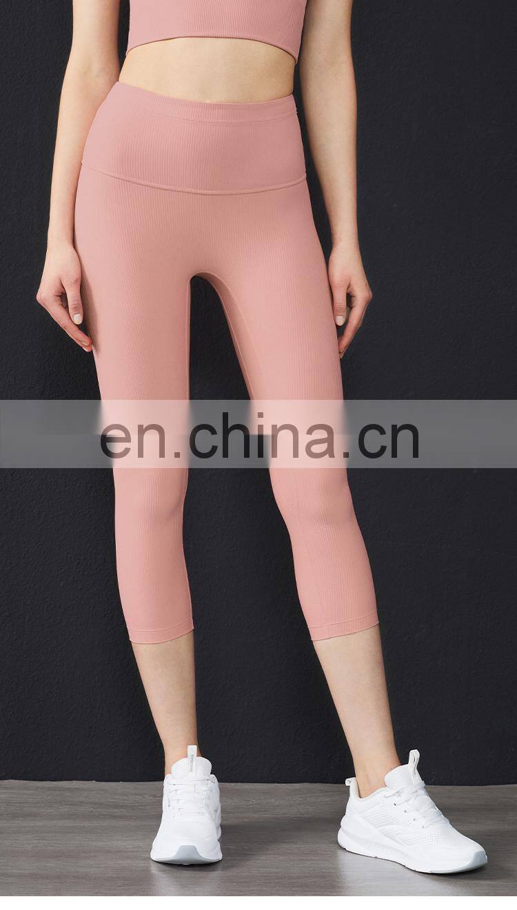 Hot Ribber Fabric Capri Sport Legging High Waist Women Yoga Pants Splice Color OEM