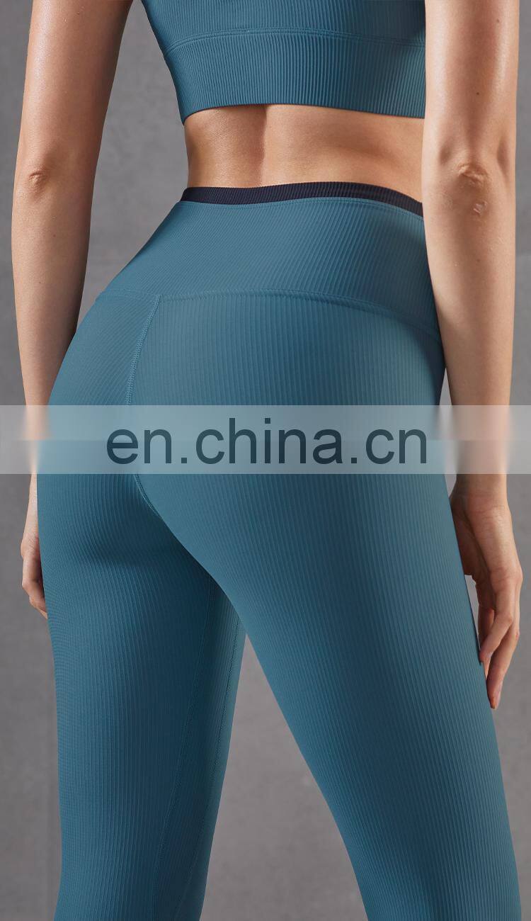 Hot Ribber Fabric Capri Sport Legging High Waist Women Yoga Pants Splice Color OEM