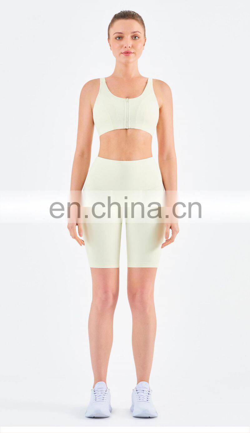 Tik Tok High Elastic Front Zipper Sport Bra Biker Shorts Sets Women Fitness Yoga Wear