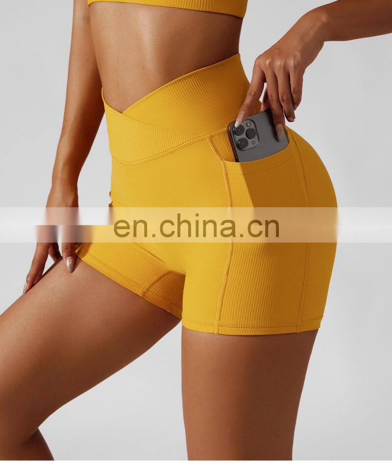 OEM Cross Waist Gym Shorts With Side Pocket Ribbed High Waist Athletic Wear