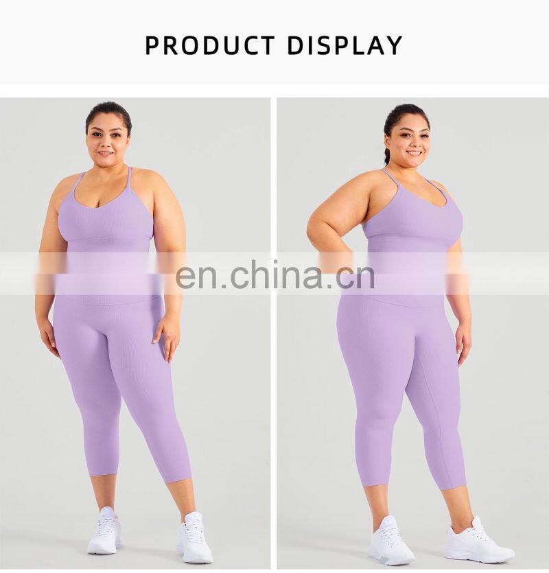 Odm Rib Splice Color Plus Size Sport Set Gym Backless Workout Bra High Waist Legging