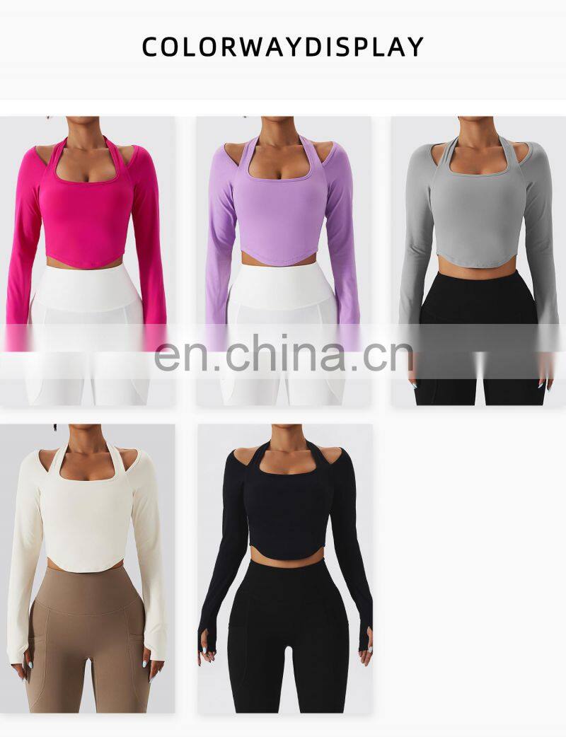 Sexy Halter Neck Long Sleeve Tshirts Women Custom Logo Sports U Hem Skinny Thumb Hole Tops