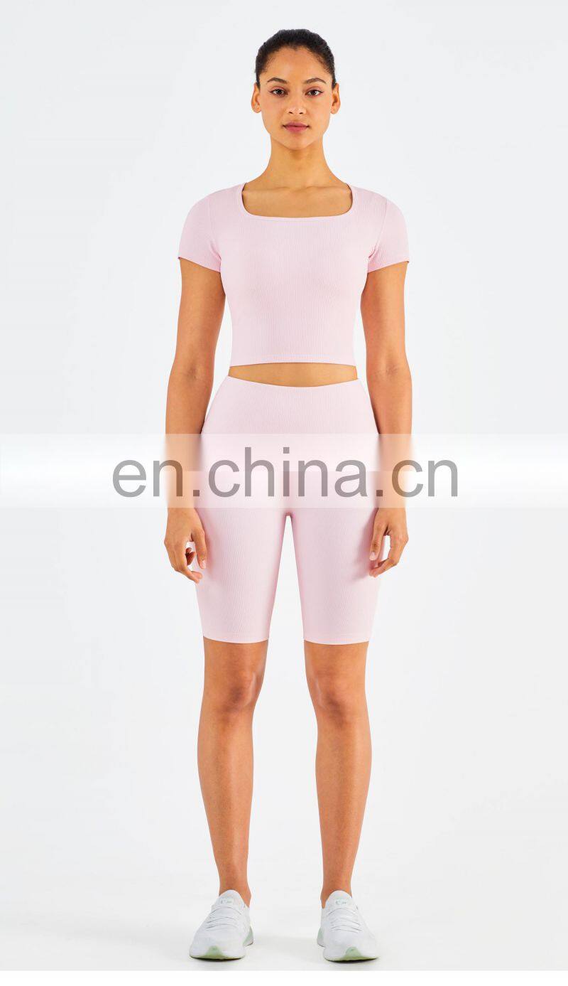 Ribbed Fabric Square Neckline Short Sleeve Gym Tops Slim Fit Plus Size Women's T-Shirts