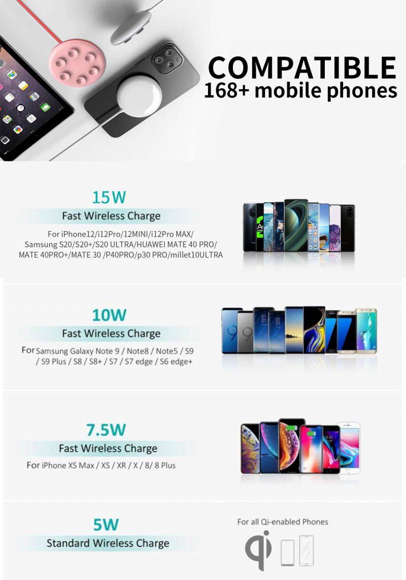 Dropshipping Sucker Wireless Charger Built in Cable Fast Charging for Iphone Samsung Universal Portable Charger Wireless 15W