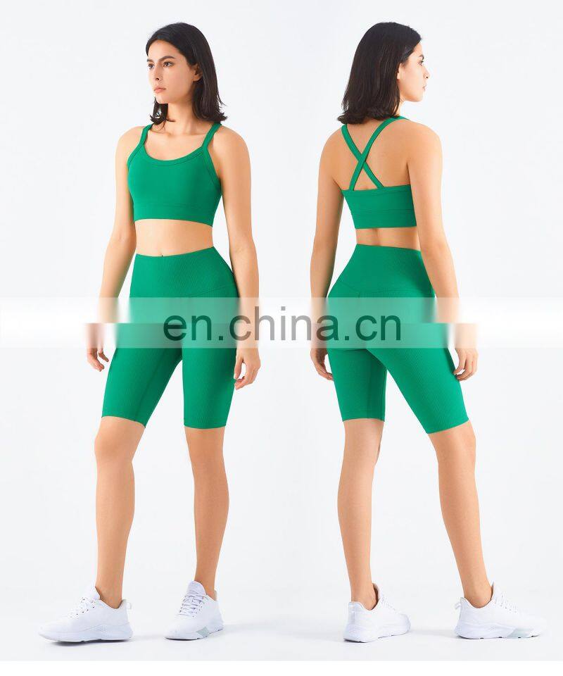 Ribbed Cross Back Custom Recyclable Sports Bras Quick Dry Wide Straps Workout Yoga Tops