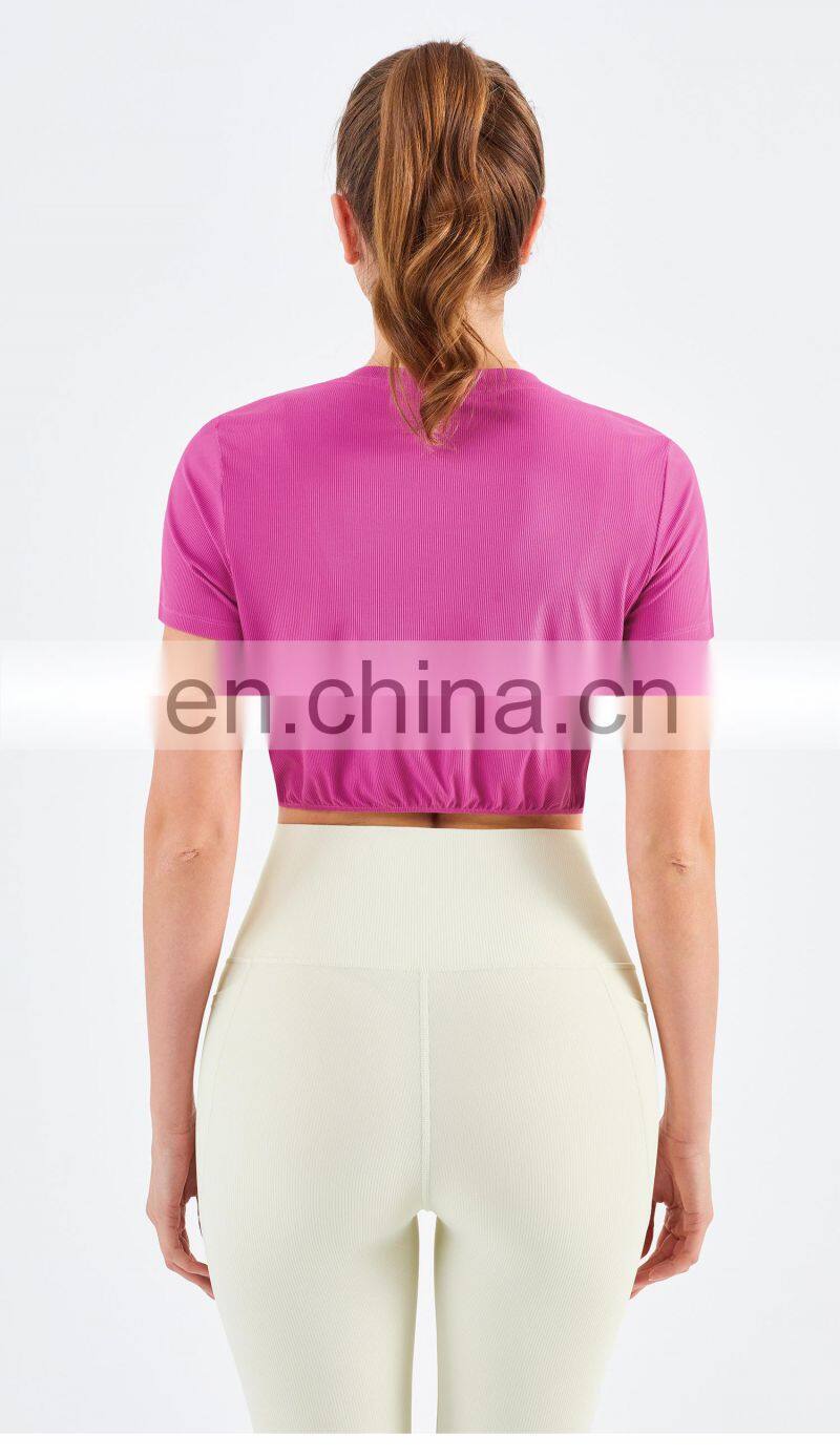 New Double Ribbed Loose Women's T Shirts With Elastic Hem Yoga Fitness Short Sleeve Crop Top