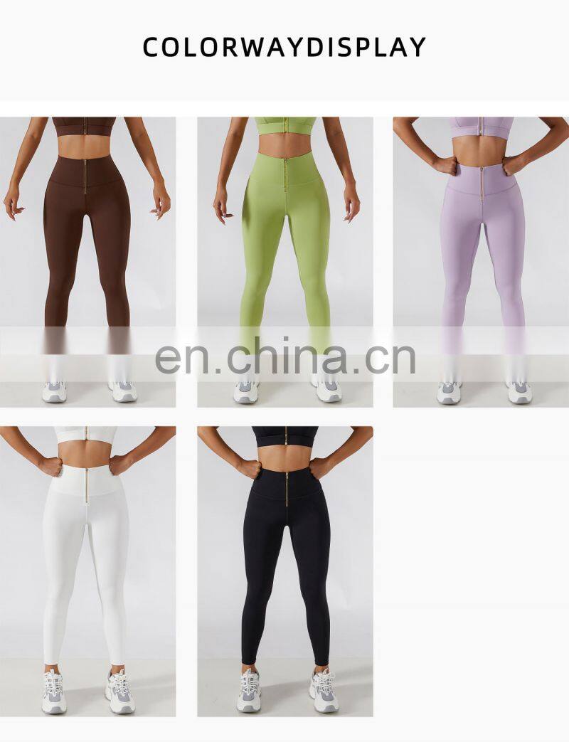 Front Zip Waist Yoga Leggings Factory Sales High Rise Peach Butt Tight Sports Pants