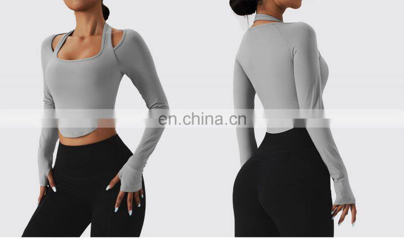 Sexy Halter Neck Long Sleeve Tshirts Women Custom Logo Sports U Hem Skinny Thumb Hole Tops