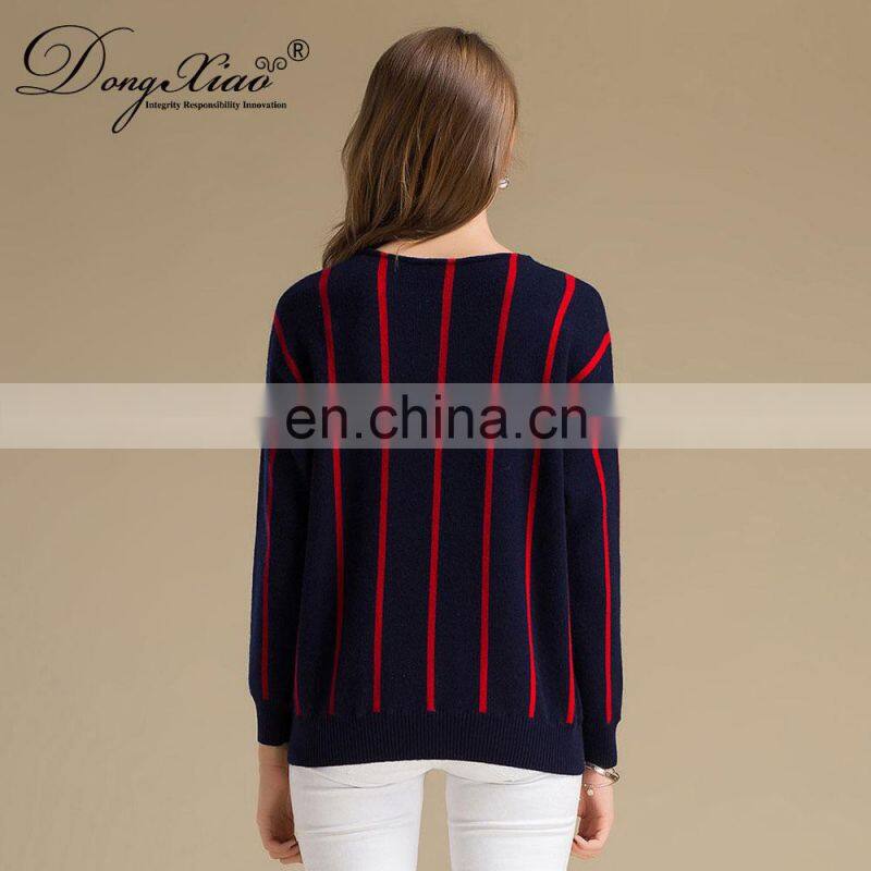 100% Cashmere Vertical Striped round Neck Women's Sweater Knitted Winter OEM Supply