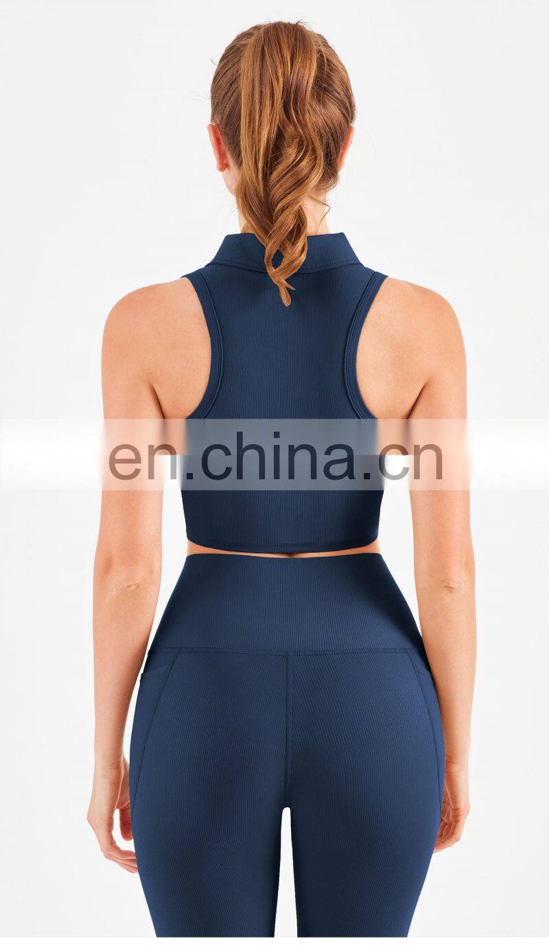 Designer Polo Ribbed Sports Bra With Front Zipper Gym Fitness Women Yoga Tank Tops
