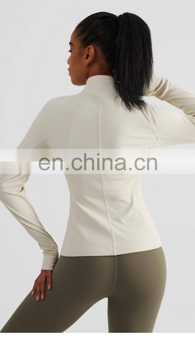 Ribbed Long Sleeve Zipper Tight Tops Workout Clothing Custom Pockets Fitness Yoga Jackets