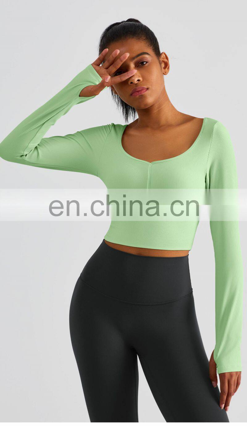 Ribbed Custom Semi Fixed Cups Yoga Crop Tops Long Sleeve High Impact Women Sports Bras