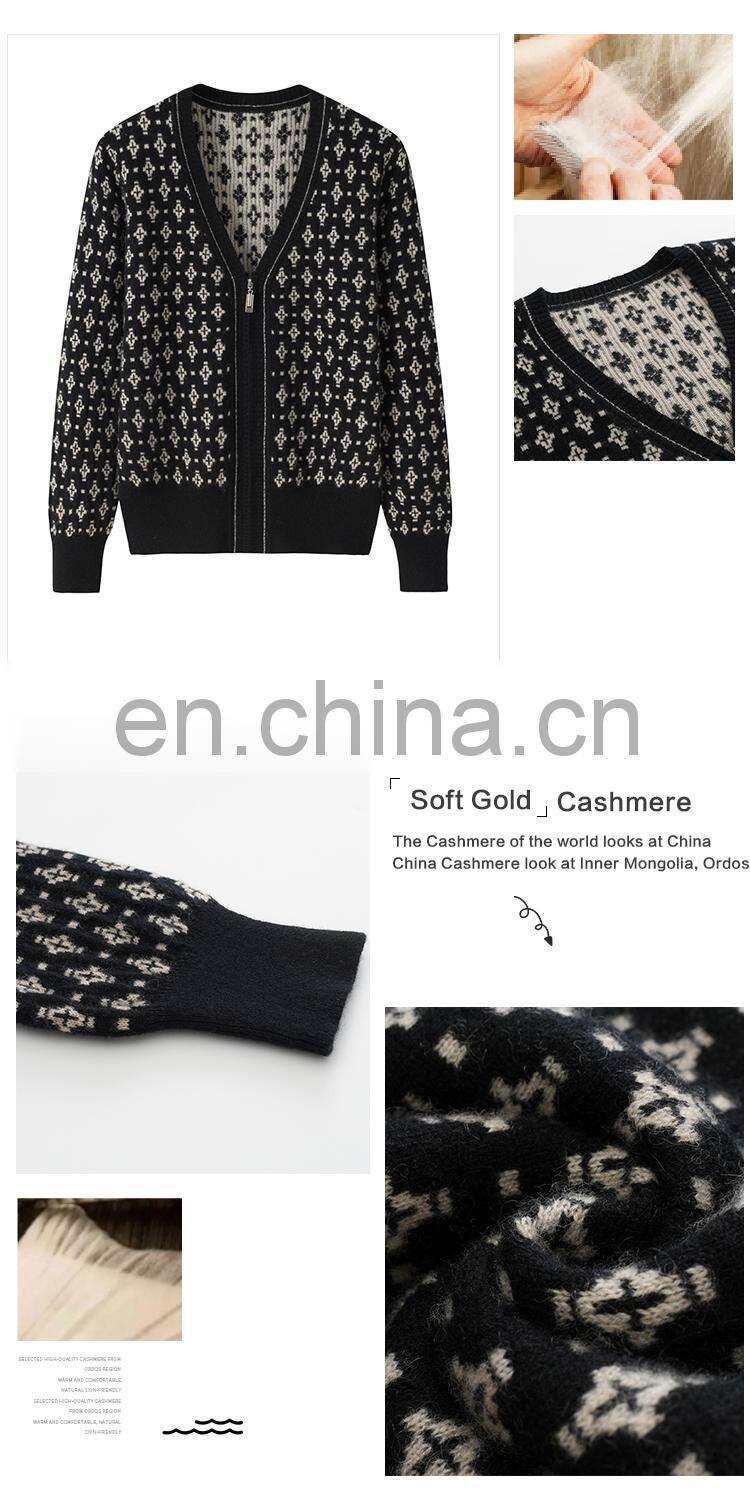 Custom Women's Loose Full Zip Floral Jacquard Lady Cashmere Sweater Casual Winter Style Knitted Top