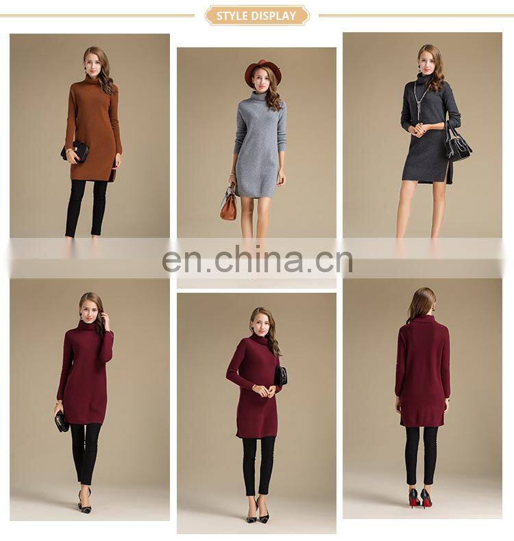Wholesale 100% Cashmere Turtleneck Long Dress Solid Color Women's Casual Sweater for Winter Knitted OEM Service