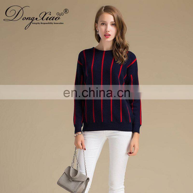 100% Cashmere Vertical Striped round Neck Women's Sweater Knitted Winter OEM Supply
